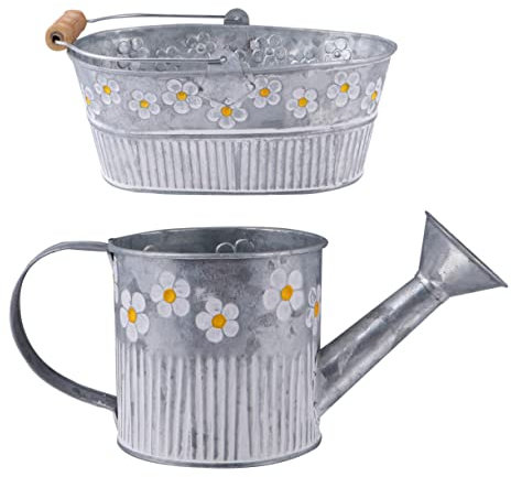 Yardwe 1 Set Galvanized Metal Bucket Planter Vintage Daisy Embossed Garden Metal Tin Bucket Planter Pots Watering Can Vase Kettle Flower Pot (Silver)