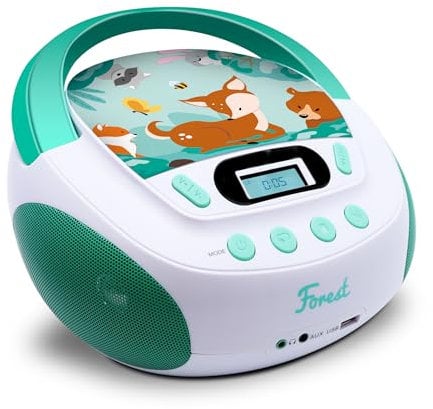 mooov 477147 CD Player für Kinder mit Lautsprechern, USB, Kopfhöreranschluss, AUX-IN-Port - Boombox CD Spieler Tragbar - Netzbetrieb oder Batterien - Modell Forest - Grün/Weiß