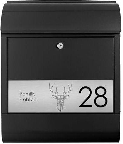 banjado® Briefkasten personalisiert mit graviertem Namensschild in Silber/Briefkasten schwarz 39x47x14cm / Briefkasten mit Hausnummer, Namen & Motiv Sternbild Hirsch/Briefkasten mit Zeitungsfach