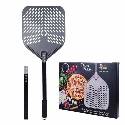 MASTRO SPIEDINO Pala per Pizza doppia misura 79-110 Cm. Pala in Alluminio, Pala pizza forata - Nuova foratura Professionale per infornare pizza pane e focaccia Orso Chef
