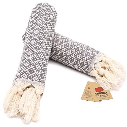 Bazaar Anatolia Türkische Handtücher für Badezimmer, 2er-Set, 99,1 x 48,3 cm, Baumwolle, Badezimmer- und dekorative Handtücher für Küche, Geschirrtuch, Tee, Yoga, Gesicht, Fitnessstudio, Ethno-Grau