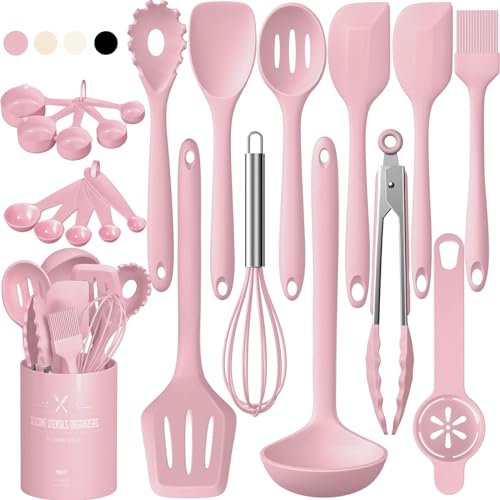 Umite Chef - Set di 22 utensili da cucina in silicone, resistenti al calore, con supporto, utensili da cucina antiaderenti, lavabili in lavastoviglie (rosa)