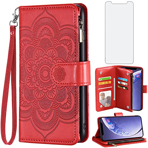 Asuwish Handyhülle für iPhone 11 Hülle mit Folie Schutzfolie Kartenfach Klappbar Leder Blumen Geldbörse Ständer i Phone11Hülle 11Hülle Handy Hüllen Schutzhülle Panzerfolie Wallet Cover Phone Case Rot