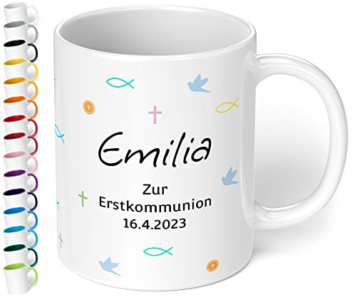 Tasse zur 1. heiligen Kommunion mit Namen und Datum „Zur Erstkommunion“ – personalisierte Kindertasse für Mädchen & Jungen - Kommunions-Geschenke von Paten Eltern Oma Geschenkideen (Weiß)