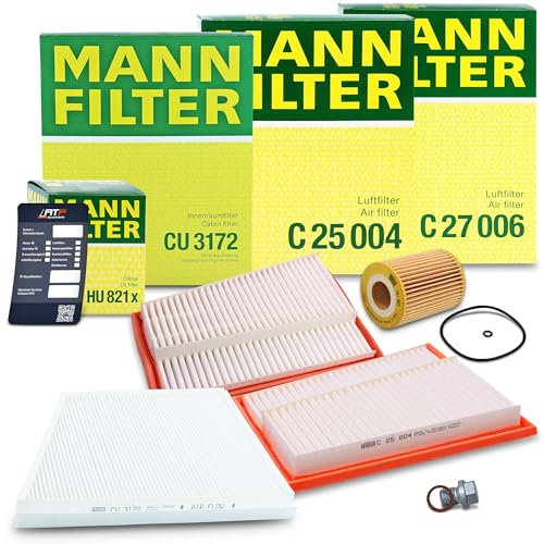 MANN-FILTER Inspektionspaket Filterset 1x Ölfilter, 2x Luftfilter, 1x Innenraumfilter, 1x Ölablassschraube mit Dichtring, 1x Ölwechselanhänger Kompatibel mit MERCEDES-BENZ E-Klasse (W211)(S211)