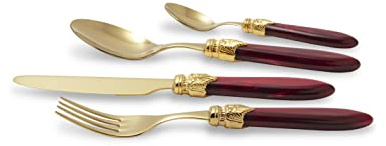 Rivadossi Sandro 43OR16S08 Set di Posate per 4 Persone, 16 Pezzi-Laura-100% Made in Italy, Artigianalità e Design, Acciaio Inox 18/10, Oro Bordeaux