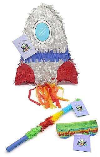 Nislai® Rakete Rocket Pinata Set | ideal für die Rakete Weltraum Party | Pinata Kinder Geburtstag | Pinata Geschenk | Astronaut Party | zum Schlagen | inkl. Maske & Stab | u. 40x30x10 cm