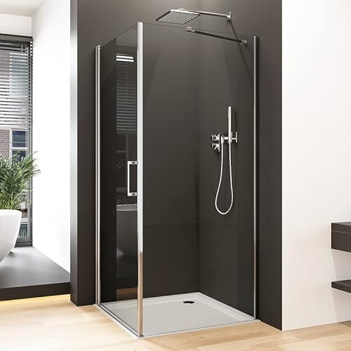 Eckeinstieg Duschkabine 90 x 90 cm Schwingtür mit Seitenwand Duschabtrennung, 90x90cm Pendeltür Dusche mit festem Seitenteil 5mm ESG Sicherheitsglas Glas mit NANO Beschichtung, Duschtür Höhe: 195cm