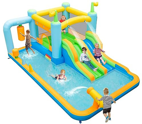 COSTWAY Inflatable Bounce House, Giant Water Slide for Kids with Dual Slides, Splash Pool, Water Cannon & Boxing Sandbag, Blowup Water Park for Kids Aged 3-10 Years