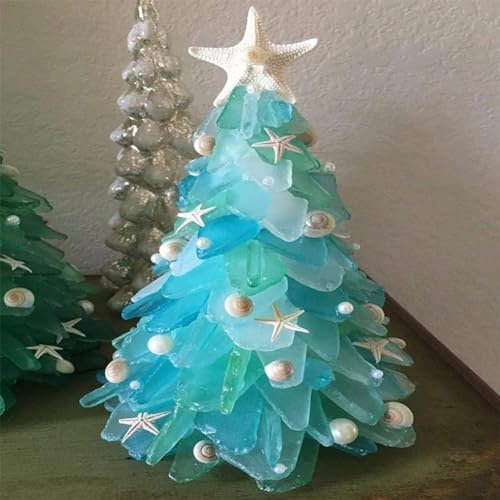QuaHom Sea Glass Christmas Tree, Beautiful Teal Beach Glass Xmas Decor, Resin Crystal Sea Themed Desktop Gift (A-20cm)