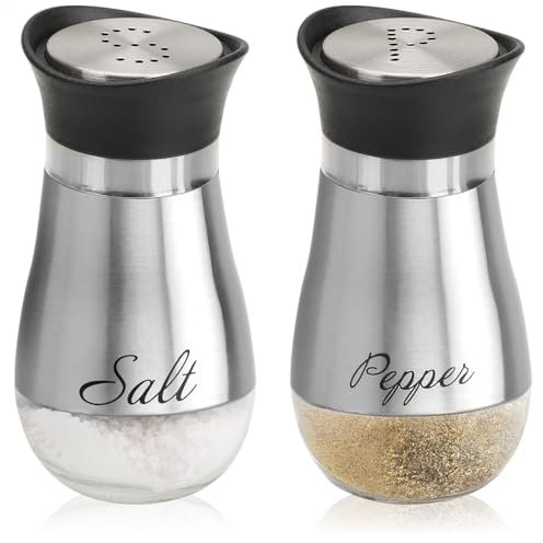 COM-FOUR® Juego de salero y pimentero de 2 Piezas de Acero Inoxidable y Vidrio - Recipiente para Especias con Etiqueta - Coctelera para Especias en la Cocina (Juego de 2 piezas - plateado)
