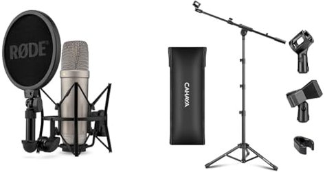 RØDE NT1 5th Generation Large-diaphragm Studio Condenser Microphone with XLR and USB Outputs & CAHAYA Tripod Boom Sheet Microphone Stand Metal Portable with Carrying Bag