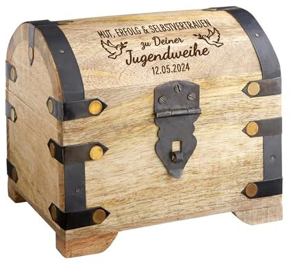 Helle Schatztruhe mit Gravur zur Jugendweihe, Personalisiertes Geldgeschenk, Holz Schmuckkästchen, Schatzkiste, Dekorative Holztruhe, Geschenkbox Schachtel, Holzkiste, Verpackung für Geldgeschenke