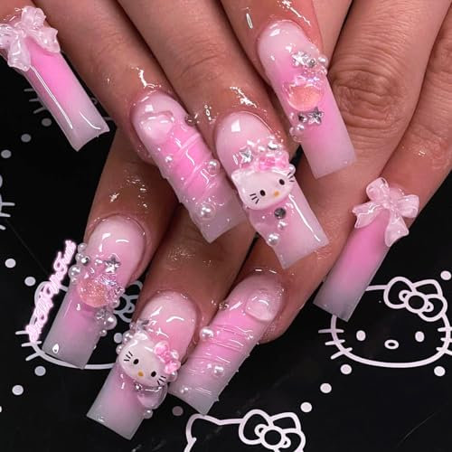 Faux Ongles Extrem Long MouyouGlow,Ballerine Rose Ombre 3D Nœud Papillon Étoiles Love Strass Perle Ripple Press on Nails avec Colle à Ongles,Kawaii Fake Nails