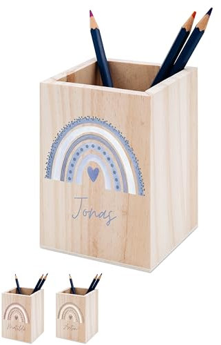 wunderwunsch® - Personalisierter Stiftehalter Kinder aus Holz - Kreativer und praktischer Schreibtisch-Organizer Kinder mit Namen - Perfektes Einschulung Geschenk und Geburtstag (blau)