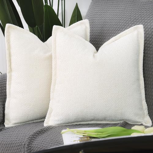 Madizz 2er Set Chenille Samt mit Rand Kissenbezüge Weiche Dekorativ Zierkissenbezüge Modern Kissenhülle für Sofa Wohnzimmer Schlafzimmer Crème 45x45 cm
