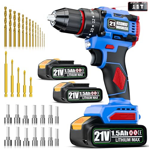 21V Akku-Bohrmaschine, Brushless Power Drill Set mit 2 Akkus und Ladegerät, 3/8-Zoll Bohrfutter, 20+3 Drehmomenteinstellung, 32 Stück Bohrer/Bohrschrauber Bits und Werkzeugset