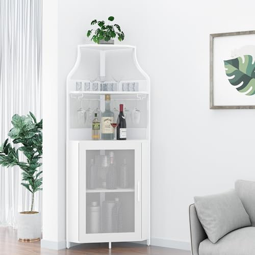 GarveeHome Eck-Weinschrank mit abnehmbarem Weinregal, 5-stöckiger industrieller Eck-Barschrank mit Scheunentür und Glashalter, Bauernhaus-Buffetschrank und Hausbar, Weiß