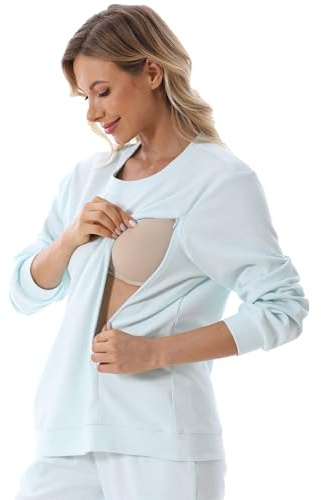 FEOYA Maternity Sweatshirts Fleece Mode Nursing Shirt Long Sleeve Round Neck Breastfeeding Top with Zip for Autumn Winter 2XL Sky Blue