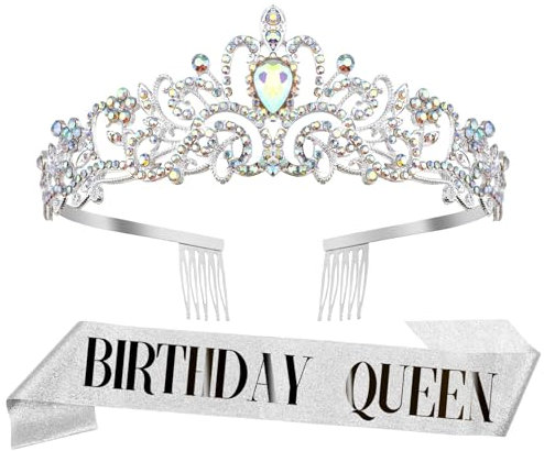 Geburtstagskrone für Erwachsene Prinzessin Krone - Elegante Birthday Queen Tiara mit Glitzer-Schärpe (Silber) Bedruckbare Schärpe für Geburtstagsparty, Halloween Ball Krone Mädchen Erwachsene