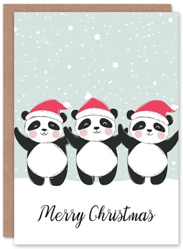 Artery8 Santa Hat Dancing Panda Bear Trio Cute Cartoon For Child Kids Christmas Card
