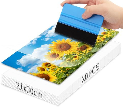 Mbsomnus 20 Pezzi Fogli per Plastificatrice A4 Autoadesivi con Spatola Carta per Plastificare 30x21.3cm Trasparente per Foto e Biglietti da Visita Documento Nessuna Macchina Richiesta