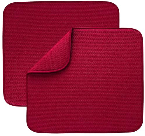 Microfibre Drying Mat for Kitchen Dish Drying Drainer Mat Absorbent Drying Mat Washing Up for Glass, Plate &Cup 40cm x 46 cm 2 Pack Red