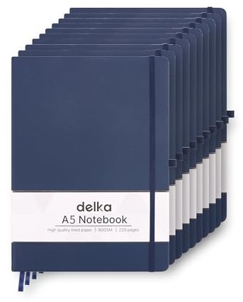 delka A5 Notebook – Lined Notepad Journal, Soft Cover Writing Pad for Office, School, College, Home & Business – Ideal for Note Taking, Daily Planning, Journaling & Study (NAVY, Pack of 10)