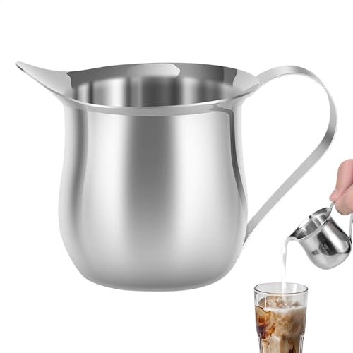 Stainless Steel Milk Jug, Milk Frothing Pitchers, Small Creamer Cup, Handheld Coffee Creamer Frothing Pitcher, 90ml Syrup Dispensing Jug with Pour Spout & Handle