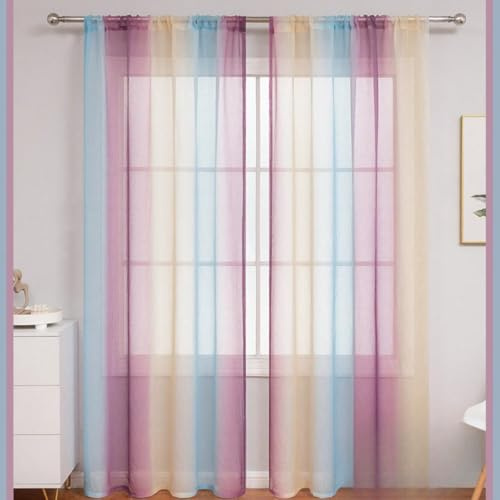 2er Set Gardinen halbtransparente Vorhänge Farbverlauf Voile Dekoschal Fensterschal Scheibengardine Schlaufengardinen Modern für Schlafzimmer und Wohnzimmer Raumteiler 100x160cm(BxL),Rosa Lila Blau