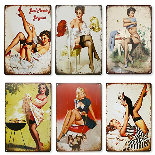 HMIEPRS 6 Stück Retro Metall Zinn Zeichen, Sexy Pinup Mädchen Lady Metall Poster Plakette, Schwarze Strümpfe Vintage Metallschild Wandkunst Dekor für Haus Cafe Bar Pub (30x20 cm)