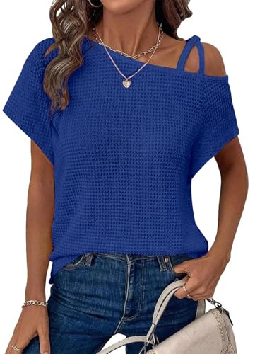 Sthxyfaith Womens Summer Off The Shoulder Tops for Women Waffle Knit Short Sleeve T-Shirts Casual Loose Elegant Cross Straps Lightweight Soft Solid Color Blouses Cute Trendy Fashion