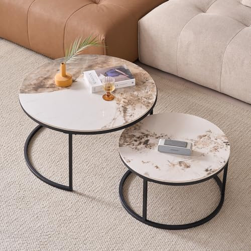 JZGORC Lot de 2 Tables Basses Rondes, Table D'appoint de Salon en Pierre Frittée Pandora, Table Basse Nordique - Cadre en Métal Noir