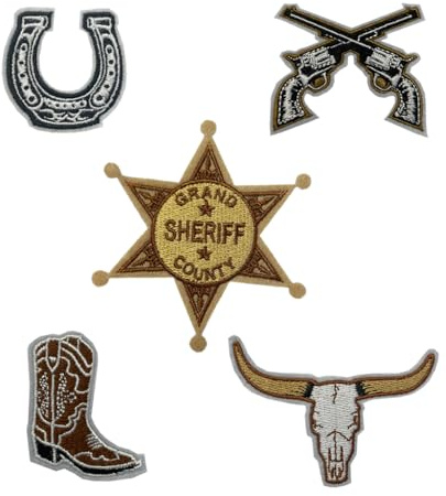 Set of 5 Cowboy Core Embroidery Patch Iron on or Sew on Embroidered Motif Transfer Sheriff Shoe Horse Boots Bull Skull