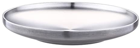 LAPYAPPE Assiette Ronde Inox 304 Double Paroi 23 Cm Finition Tréfilée Isolation Thermique Légère Antidérapante Pour Dîner Maison Repas Fruit