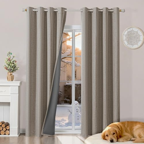 Runyéla 100% Verdunklungsvorhänge Leinen Gardinen mit Ösen, Thermovorhang | 2er Set, H220xB140 Leinen, Leinenoptik Vorhang Blickdicht, UV-Schutz Wärmeisolierend Schallschutz Schlafzimmer Wohnzimmer
