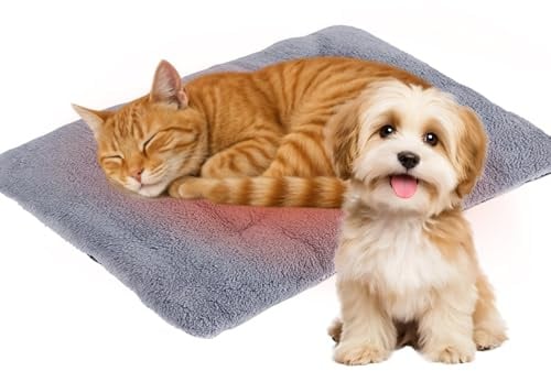 SUNOYA Selbstheizende Decke Katze, Hundematte, Hundedecke 70x45cm Weiche Wärmedecke für Katzenbett oder, Waschbar Rutschfestes Haustier Wärmekissen für Innen und Außen, Silbergrau