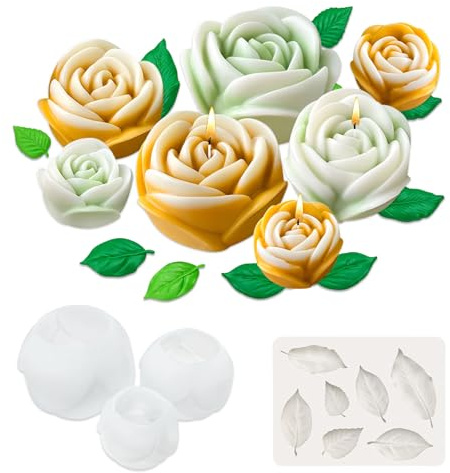 Modixun 4 Pack Rose Candle Molds with Leaf Mold, Large + Medium + Small 3D Flower Silicone Molds for Candle Making, Wax Soap Epoxy Resin Clay Plaster Home Decor Crafts