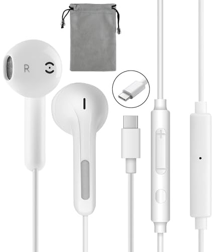 Cuffie In-ear con Cavo Interfaccia USB-C con Microfono Tecnologia di Cancellazione del Rumore Buona per iPhone 15 Plus, Samsung Galaxy S23, S22, S21, FE, iPad Pro, Huawei, Google Pixel