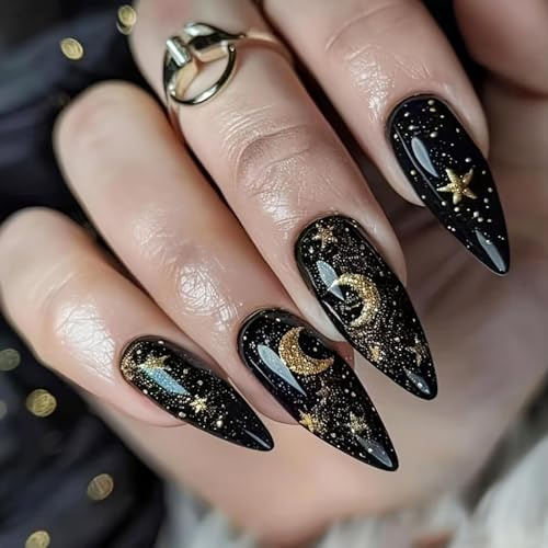 FrostyFlair Schwarz Ongles Pressés, 24 Faux Ongles avec Design de Lune et Étoiles, Ongles Moyens à Coller en Gel Souple pour Femmes