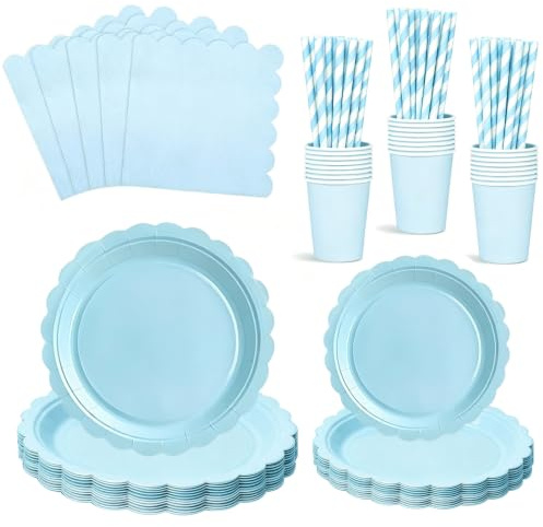 125 PCS Light Blue Paper Plates and Napkins, Disposable Party Tableware Set Includes Scalloped Plates, Cups & Straws, Dinnerware Set for Baby Shower, Wedding, Birthday
