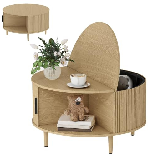 HOMCOM Round Coffee Table with Storage, 80cm Modern Centre Table, Natural | Fluted Sliding Cabinet Door and Lift Top, Wood Circle Drum Design for Living Room