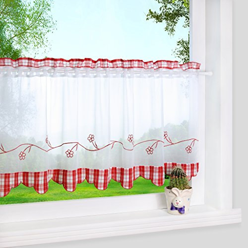 Yujiao Mao Transparente Scheibengardine mit Karo Muster Stangendurchzug Landhaustil Bistrogardine für Klein Fenster 1 Stück,Rot HxB 45x120cm