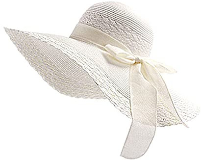 Drawihi Damen Sonnenhut Sommerhut UV-Schutz Hüte Faltbar Bowknot Große Breite Krempe Strohhut Sommer Strand Kappe (Weiß) 56-58 cm