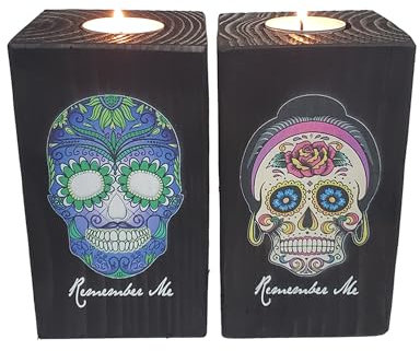 Hat Shark Remember Me Celebration Candle for Day of The Dead Set of Two Candles Blue with Green Skull and Pink Rose Skull - Dia De Los Muertos - Printed in Full Color 6 Inches Tall