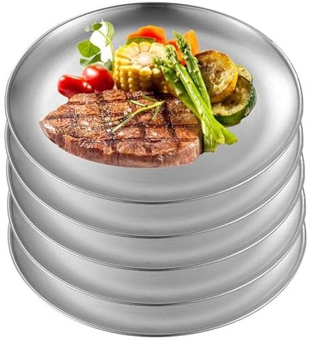 JMYDecor Lot de 5 assiettes rondes en acier inoxydable pour camping, randonnée, pique-nique, barbecue, plage (25,4 cm)