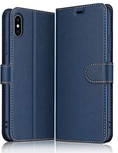 ELESNOW Case Compatible with iPhone X/XS, High-grade Leather Flip Wallet Phone Case Cover for Apple iPhone X/XS (Deep Blue)