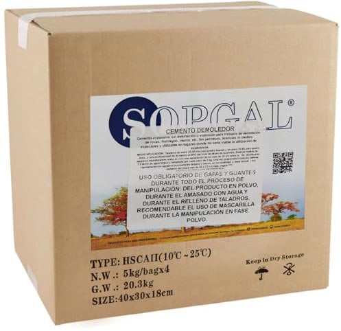 Cemento Demoledor Expansivo (20 kgs) - Demoliciones seguras y silenciosas, sin explosivos, de construcciones de piedra, muros, hormigón... - Sopgal