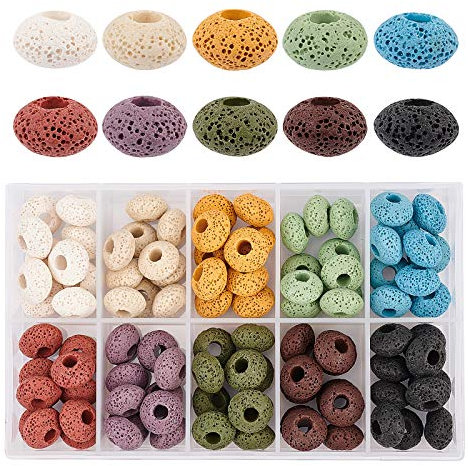 NBEADS 100 Stk 15mm Lava Europäische Perlen, Flache Runde Große Lochperlen Lava Steinfelsen Lose Perlen Vulkanischer Edelstein Für Die Schmuckherstellung, 10 Farben