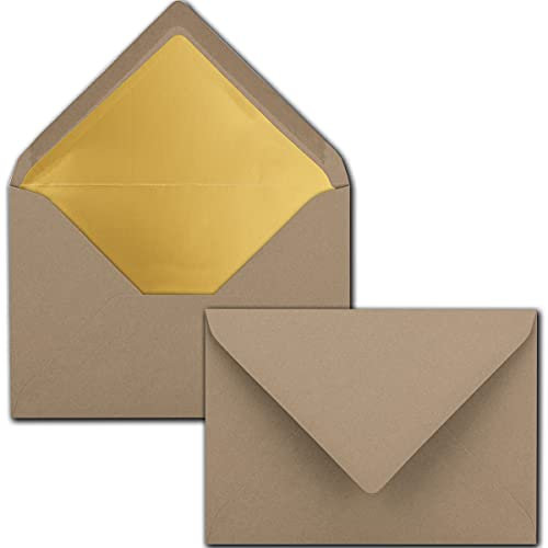 Kuverts Cappuccino - 25 Stück - Brief-Umschläge DIN C6-114 x 162 mm - 11,4 x 16,2 cm - Naßklebung - matte Oberfläche & Gold-Metallic Fütterung - ohne Fenster - für Einladungen
